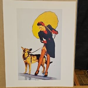 Vintage Style Art Print with Woman and Dog